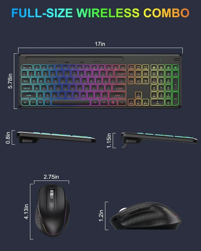 Alt view image 7 of 7 - Wireless Keyboard and Mouse Combo with 10 Colored Backlits, Phone Holder | Rechargeable Ergonomic Keyboard with Light Up Letters, Silent Lighted Full Size Keyboard Mice Combo Computer, Mac, PC, Laptop