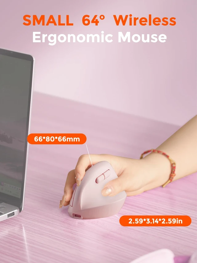 Alt view image 3 of 7 - Ergonomic Vertical Wireless Mouse for Small Hands | 64° Ergonomic Design,Type-C Rechargeable Silent Click,2.4GHz / BT Dual Mode,3 Device Connectivity for PC/Laptop