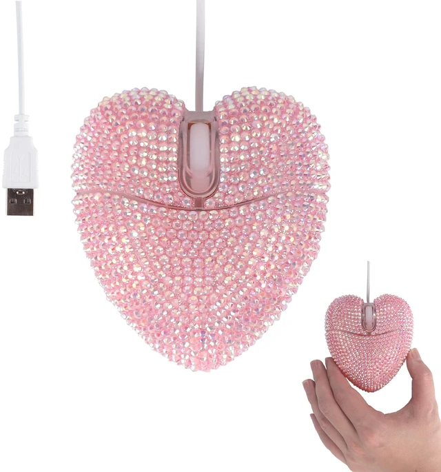 Main image of Wired Mouse Cute Bling Crystal Rhinestone Pink Heart Shape Computer Mice with 4.59ft Cord 3 Buttons 2.4GHz Optical Portable Kawaii USB Corded Mouse for Laptop PC Desktop Notebook Kids Adults Gift