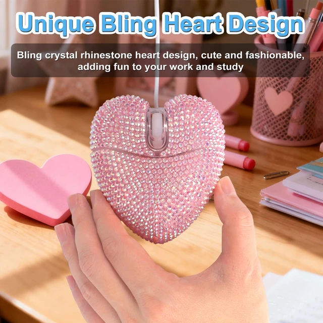 Alt view image 2 of 7 - Wired Mouse Cute Bling Crystal Rhinestone Pink Heart Shape Computer Mice with 4.59ft Cord 3 Buttons 2.4GHz Optical Portable Kawaii USB Corded Mouse for Laptop PC Desktop Notebook Kids Adults Gift