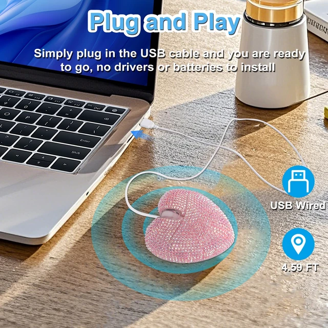 Alt view image 3 of 7 - Wired Mouse Cute Bling Crystal Rhinestone Pink Heart Shape Computer Mice with 4.59ft Cord 3 Buttons 2.4GHz Optical Portable Kawaii USB Corded Mouse for Laptop PC Desktop Notebook Kids Adults Gift