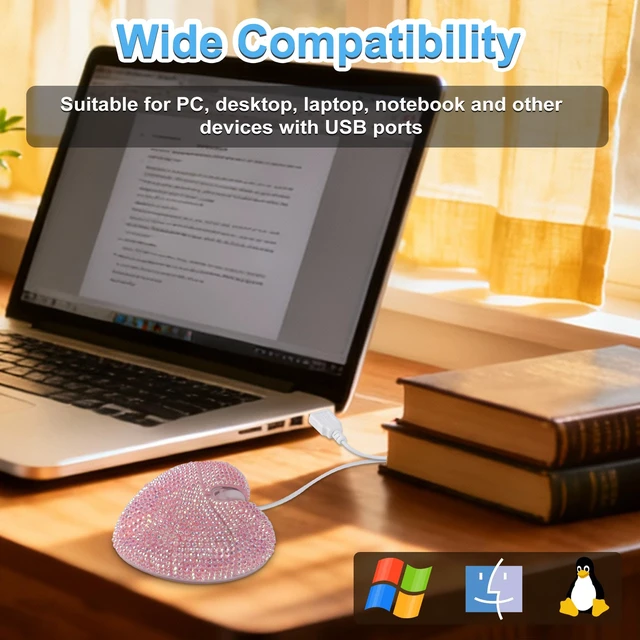 Alt view image 6 of 7 - Wired Mouse Cute Bling Crystal Rhinestone Pink Heart Shape Computer Mice with 4.59ft Cord 3 Buttons 2.4GHz Optical Portable Kawaii USB Corded Mouse for Laptop PC Desktop Notebook Kids Adults Gift