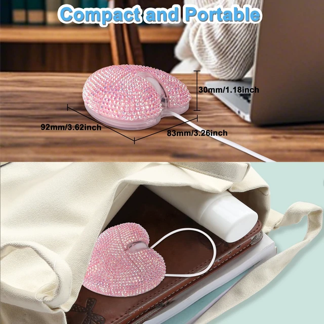 Alt view image 5 of 7 - Wired Mouse Cute Bling Crystal Rhinestone Pink Heart Shape Computer Mice with 4.59ft Cord 3 Buttons 2.4GHz Optical Portable Kawaii USB Corded Mouse for Laptop PC Desktop Notebook Kids Adults Gift