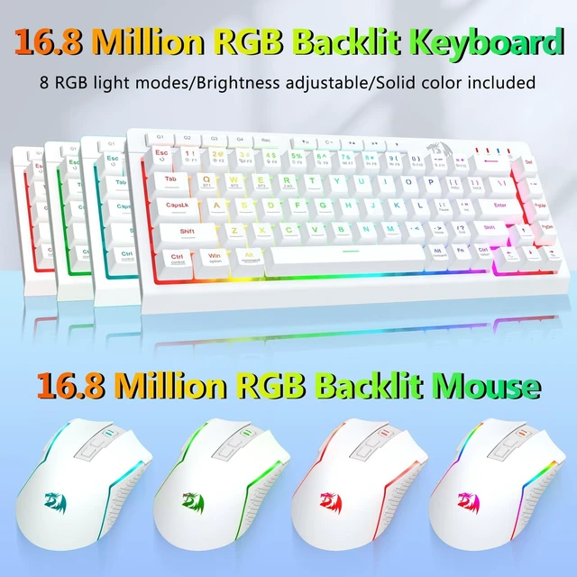 Alt view image 5 of 7 - Wireless Gaming Keyboard and Mouse Combo 60% Portable, White | Bluetooth/2.4G/USB-C Wired, RGB Backlit, Quiet Rechargeable Macro Membrane Keyboard & 12800 DPI Mouse for Win/MAC