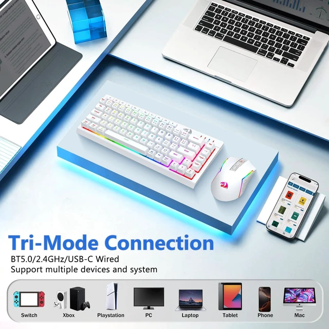 Alt view image 2 of 7 - Wireless Gaming Keyboard and Mouse Combo 60% Portable, White | Bluetooth/2.4G/USB-C Wired, RGB Backlit, Quiet Rechargeable Macro Membrane Keyboard & 12800 DPI Mouse for Win/MAC