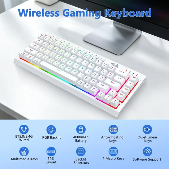 Alt view image 3 of 7 - Wireless Gaming Keyboard and Mouse Combo 60% Portable, White | Bluetooth/2.4G/USB-C Wired, RGB Backlit, Quiet Rechargeable Macro Membrane Keyboard & 12800 DPI Mouse for Win/MAC
