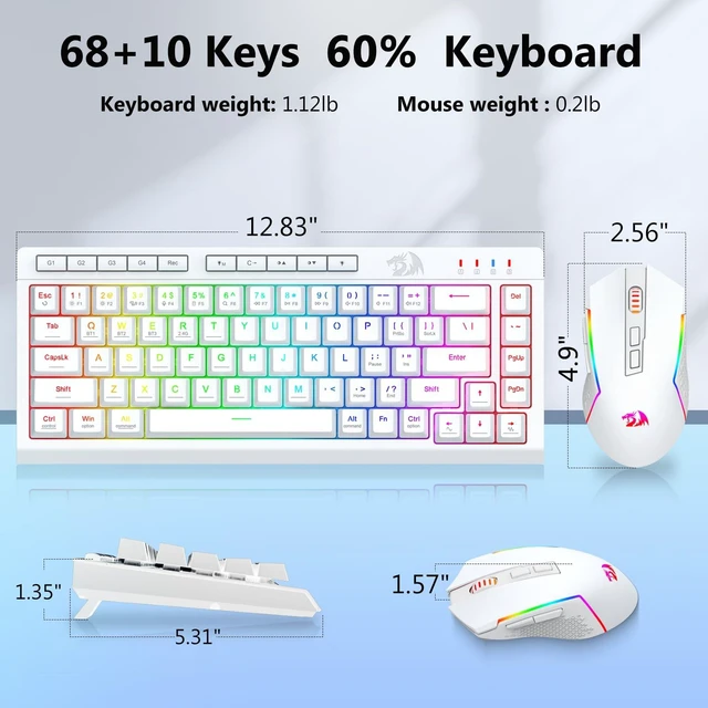 Alt view image 7 of 7 - Wireless Gaming Keyboard and Mouse Combo 60% Portable, White | Bluetooth/2.4G/USB-C Wired, RGB Backlit, Quiet Rechargeable Macro Membrane Keyboard & 12800 DPI Mouse for Win/MAC