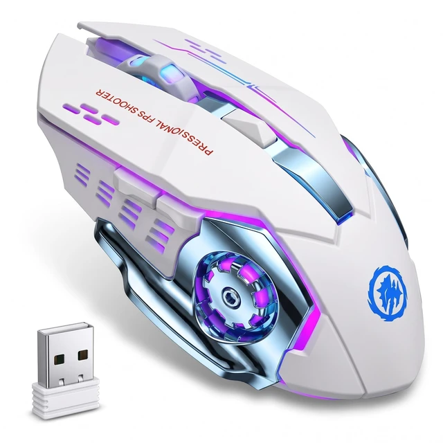 Main image of Wireless Gaming Mouse Bluetooth/2.4G RGB Rechargeable -White | Bluetooth/2.4G Dual Modes, Silent Clicks, 7-Color Backlit, 6 Buttons, Rechargeable Battery for PC, Mac, Laptop, Chromebook