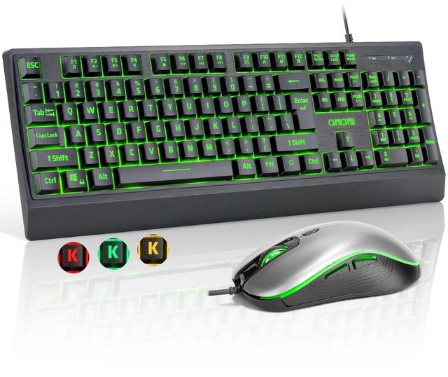 Main image of USB Wired Keyboard and Mouse Combo with Backlit, Large Print for Computer | Red/Green/Yellow Light Up, Silent, Multimedia Keys, Number Pad, 4 Levels DPI RGB Mouse for PC PS5 Office, Elderly Low Vision