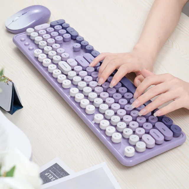 Alt view image 3 of 6 - Colorful Wireless Keyboard and Mouse Combo (Purple Gradient) | COVEVA 2.4GHz Wireless, Retro Round Floating Keycaps, Full-Size Keyboard Mouse Set with Switch Button for PC Laptop Desktop