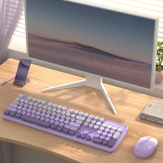 Alt view image 2 of 6 - Colorful Wireless Keyboard and Mouse Combo (Purple Gradient) | COVEVA 2.4GHz Wireless, Retro Round Floating Keycaps, Full-Size Keyboard Mouse Set with Switch Button for PC Laptop Desktop