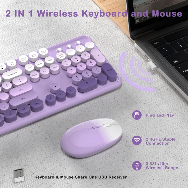 Alt view image 4 of 6 - Colorful Wireless Keyboard and Mouse Combo (Purple Gradient) | COVEVA 2.4GHz Wireless, Retro Round Floating Keycaps, Full-Size Keyboard Mouse Set with Switch Button for PC Laptop Desktop