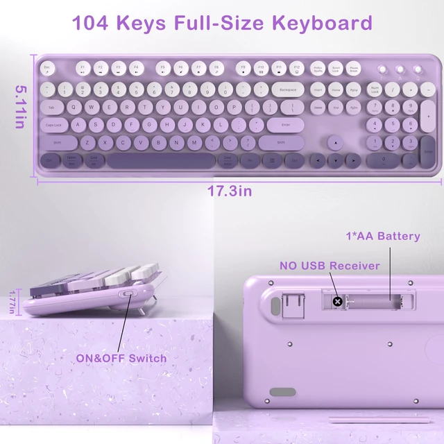 Alt view image 5 of 6 - Colorful Wireless Keyboard and Mouse Combo (Purple Gradient) | COVEVA 2.4GHz Wireless, Retro Round Floating Keycaps, Full-Size Keyboard Mouse Set with Switch Button for PC Laptop Desktop