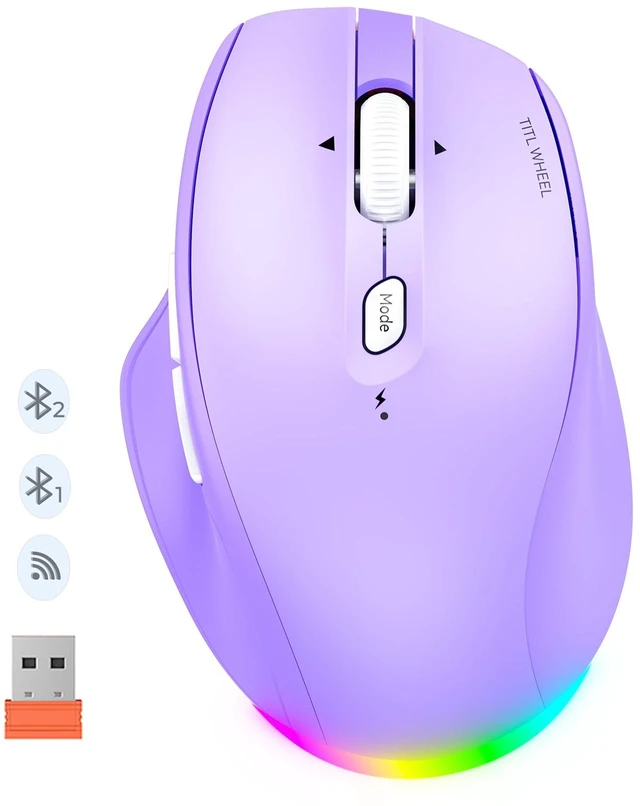 Main image of Wireless Mouse, Ergonomic Bluetooth Mouse for Laptop, Purple | Rechargeable triple-mode mouse with a 4-way tilt wheel, 8002400 DPI, and multi-device support for Windows, Mac & PC