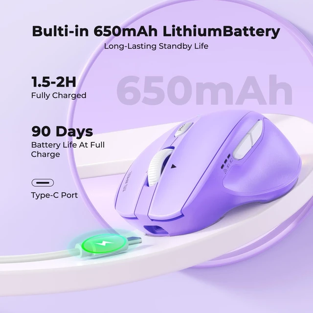 Alt view image 3 of 7 - Wireless Mouse, Ergonomic Bluetooth Mouse for Laptop, Purple | Rechargeable triple-mode mouse with a 4-way tilt wheel, 8002400 DPI, and multi-device support for Windows, Mac & PC