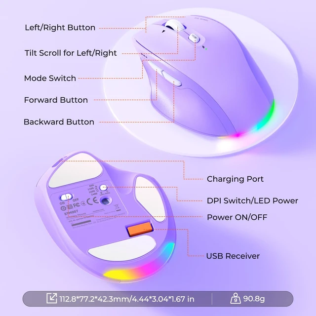 Alt view image 6 of 7 - Wireless Mouse, Ergonomic Bluetooth Mouse for Laptop, Purple | Rechargeable triple-mode mouse with a 4-way tilt wheel, 8002400 DPI, and multi-device support for Windows, Mac & PC