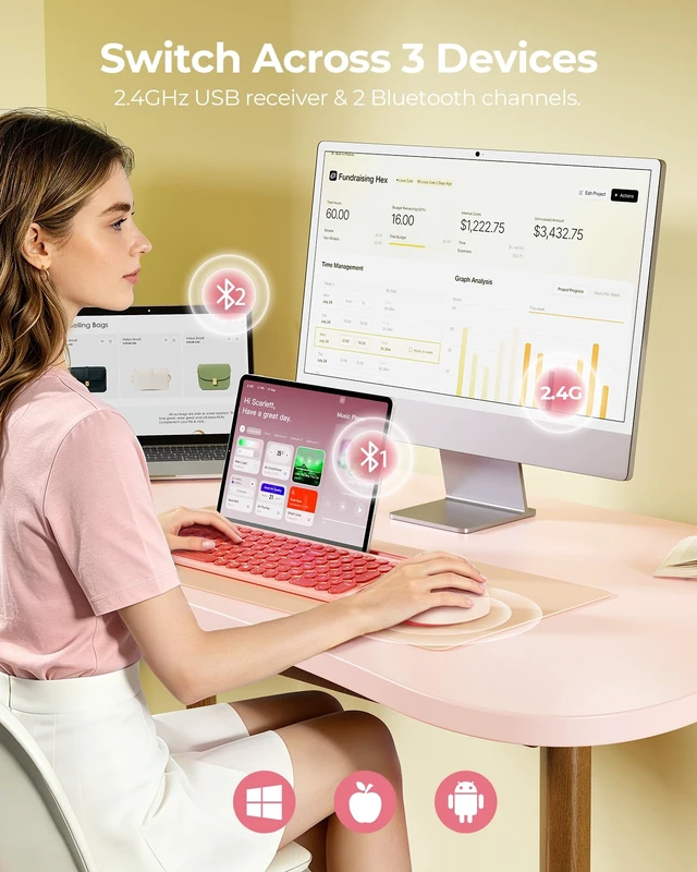 Alt view image 5 of 7 - Ergonomic Wireless Mouse, 52° Vertical Bluetooth Mouse, Hot Pink | Dual Bluetooth and 2.4G USB receiver, quiet clicks, 1000/1600/2400 DPI, 116g right-hand mouse for Windows, Mac, Android