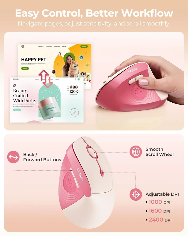 Alt view image 3 of 7 - Ergonomic Wireless Mouse, 52° Vertical Bluetooth Mouse, Hot Pink | Dual Bluetooth and 2.4G USB receiver, quiet clicks, 1000/1600/2400 DPI, 116g right-hand mouse for Windows, Mac, Android