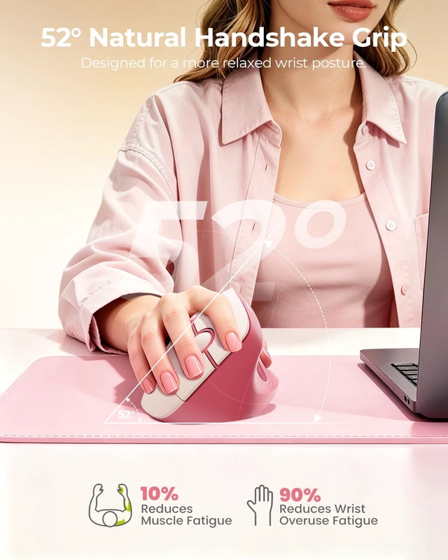 Alt view image 2 of 7 - Ergonomic Wireless Mouse, 52° Vertical Bluetooth Mouse, Hot Pink | Dual Bluetooth and 2.4G USB receiver, quiet clicks, 1000/1600/2400 DPI, 116g right-hand mouse for Windows, Mac, Android