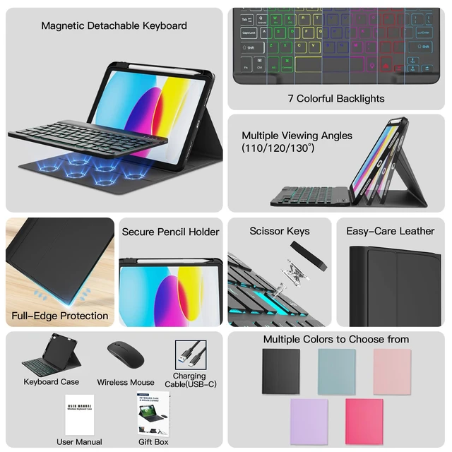 Alt view image 3 of 7 - for iPad 11th (A16)/10th Generation Keyboard Case & Mouse Combo | Detachable Wireless Keyboard, 7-Color Backlight, Slim Case with Pencil Holder, USB-C Rechargeable, Black
