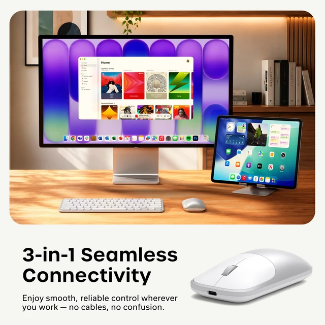 Alt view image 2 of 7 - Slim EX Wireless Mouse, Bluetooth & 2.4 GHz, Quiet Clicks, Silver | Quiet clicks, anodized aluminum shell, rechargeable battery, for macOS, Windows, iPadOS, Android