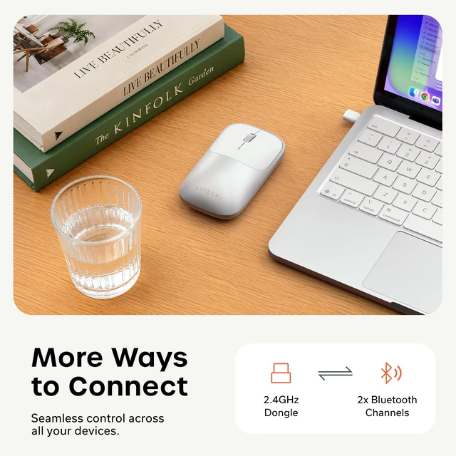 Alt view image 4 of 7 - Slim EX Wireless Mouse, Bluetooth & 2.4 GHz, Quiet Clicks, Silver | Quiet clicks, anodized aluminum shell, rechargeable battery, for macOS, Windows, iPadOS, Android