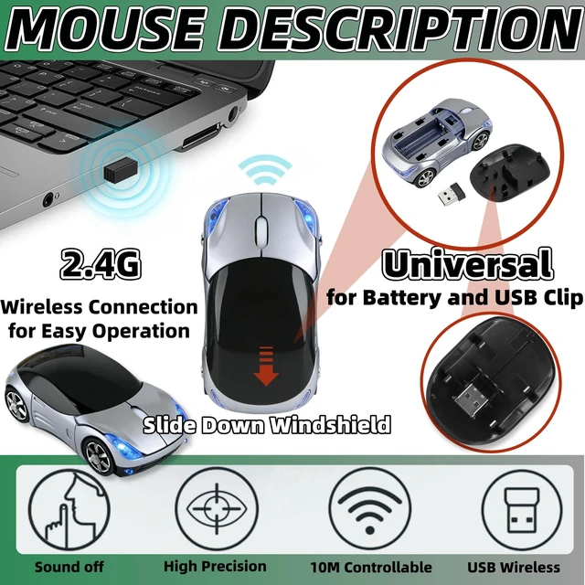 Alt view image 2 of 5 - Silver Wireless MouseMini Car Computer Mouse1600DPI 2.4G with USB Receiver, Ergonomic Cute Computer Mice for Laptop, PC, Windows, Mac OS (Silver)