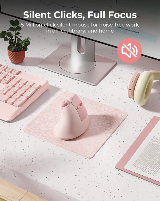Alt view image 7 of 7 - MOU-302 Wireless Bluetooth Ergonomic Vertical Mouse with Volume Knob | Rechargeable 3-device mice for small/medium hands with quiet clicks, 1000/1600/2400 DPI for PC, laptop, MacBook, Light Pink