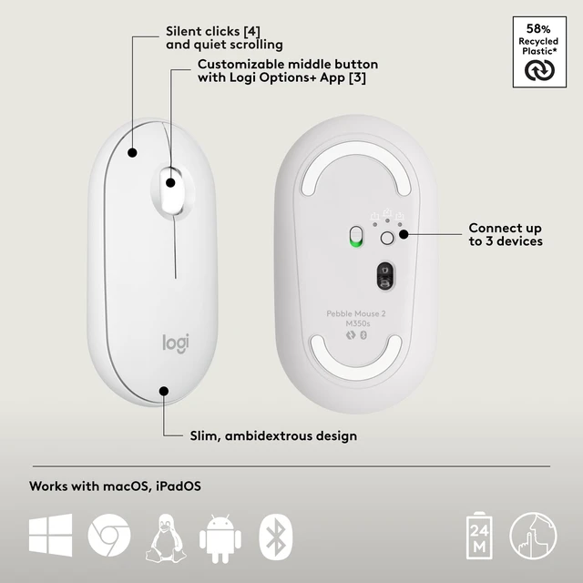 Alt view image 7 of 7 - Pebble 2 Compact Wireless Keyboard and Mouse for Mac, iPad - White | Slim, quiet, portable, customizable, Bluetooth, connect up to 3 Apple devices via Easy-Switch buttons, for Mac, macOS, iPadOS