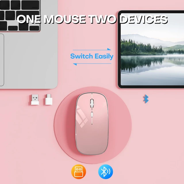 Alt view image 2 of 7 - Wireless Mouse, BT5.4/2.4GHz Dual-Mode, Silent Clicks,(Rose Gold) | Rechargeable with USB-C & USB-A Dual Receiver, Slim Portable, Compatible with PC, Laptop & Mac for Work & Travel