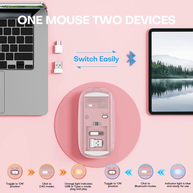 Alt view image 4 of 7 - Wireless Mouse, BT5.4/2.4GHz Dual-Mode, Silent Clicks,(Rose Gold) | Rechargeable with USB-C & USB-A Dual Receiver, Slim Portable, Compatible with PC, Laptop & Mac for Work & Travel