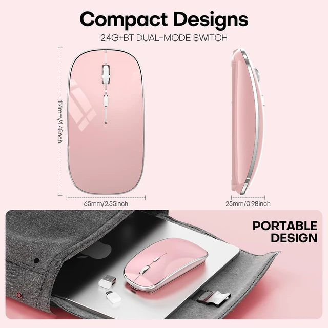 Alt view image 7 of 7 - Wireless Mouse, BT5.4/2.4GHz Dual-Mode, Silent Clicks,(Rose Gold) | Rechargeable with USB-C & USB-A Dual Receiver, Slim Portable, Compatible with PC, Laptop & Mac for Work & Travel