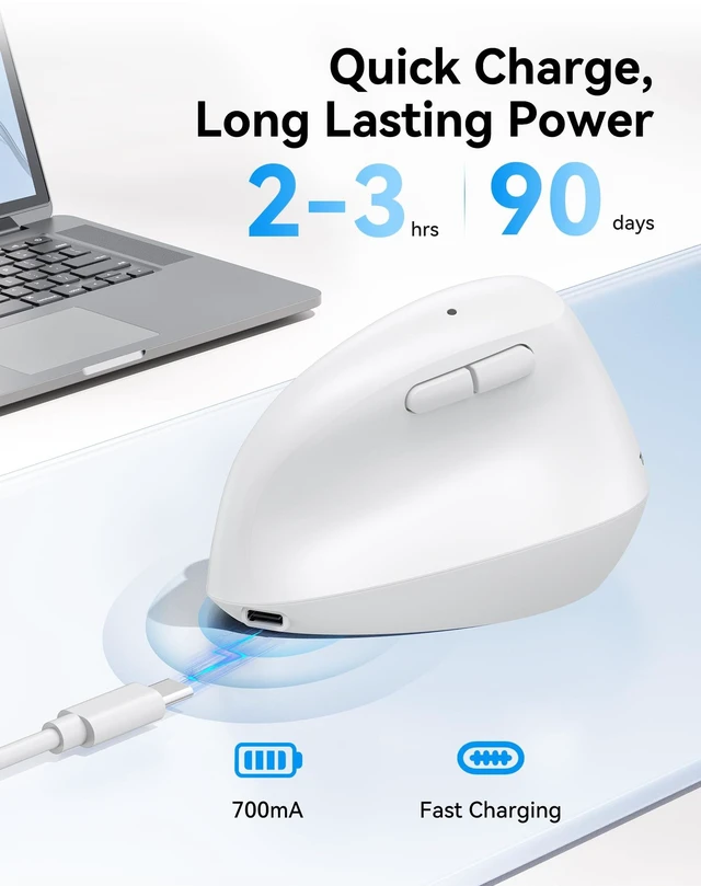 Alt view image 5 of 7 - Ergonomic Mouse, BT5.3/2.4G, Silent Wireless Vertical, Rechargeable | 6 Adjustable DPI, USB A Receiver, Switch Between 3 Devices, 6 Buttons, Long Battery Life, Wide Compatibility, White