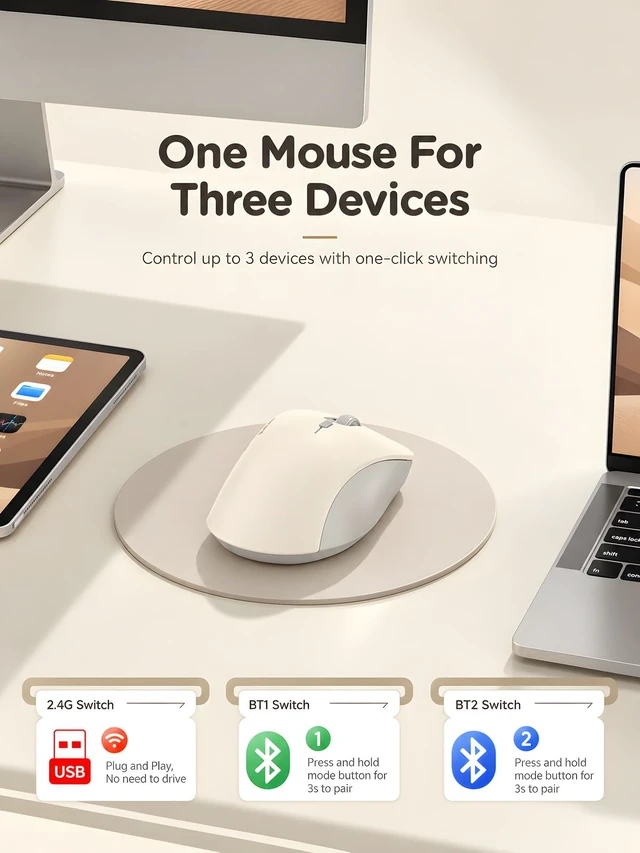 Alt view image 2 of 7 - Bluetooth Wireless Mouse, Dual Bluetooth & 2.4GHz, Ivory Beige | Right-Hand Ergonomic Grip, Quiet Clicks, Low Power, 3-device Switching, 6-button USB receiver for MacBook, Laptop, Tablets