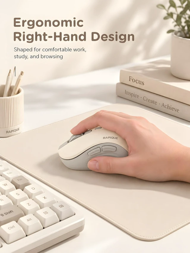 Alt view image 3 of 7 - Bluetooth Wireless Mouse, Dual Bluetooth & 2.4GHz, Ivory Beige | Right-Hand Ergonomic Grip, Quiet Clicks, Low Power, 3-device Switching, 6-button USB receiver for MacBook, Laptop, Tablets