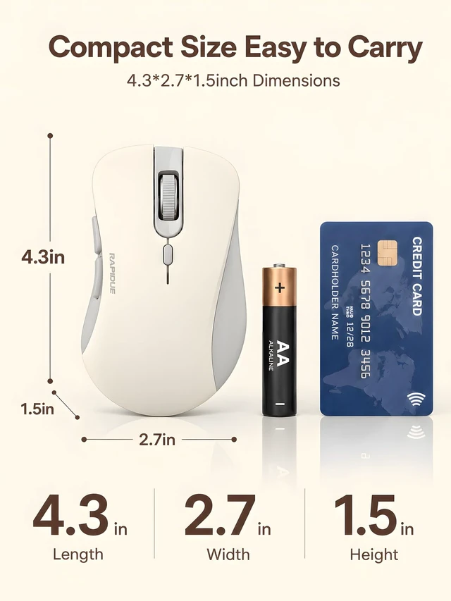 Alt view image 7 of 7 - Bluetooth Wireless Mouse, Dual Bluetooth & 2.4GHz, Ivory Beige | Right-Hand Ergonomic Grip, Quiet Clicks, Low Power, 3-device Switching, 6-button USB receiver for MacBook, Laptop, Tablets