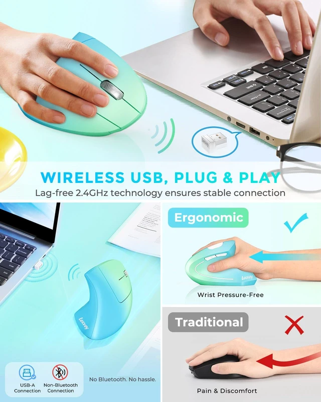 Alt view image 3 of 7 - Ergonomic Mouse, Rechargeable Vertical Wireless Mouse, Blue Green | Long Battery Life, USB-C Charging, 2.4G Wireless, Reduces Wrist Strain, Quiet Click, 3DPI 1000/1200/1600, for Laptop, Mac, PC