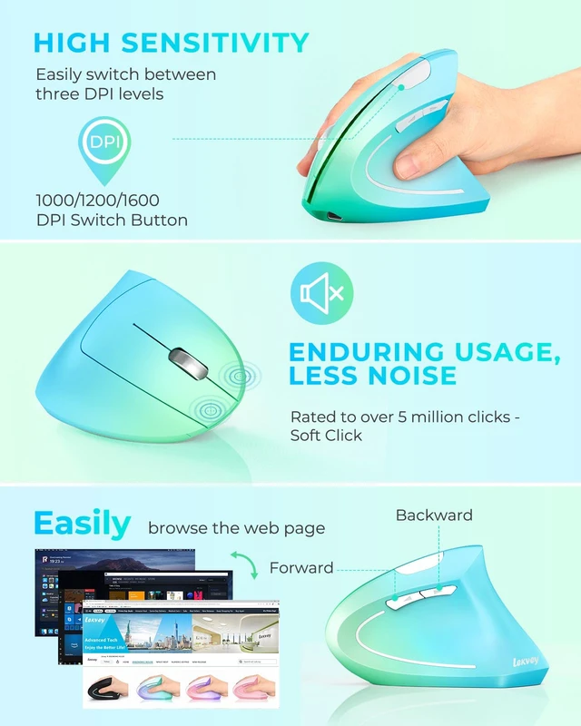 Alt view image 5 of 7 - Ergonomic Mouse, Rechargeable Vertical Wireless Mouse, Blue Green | Long Battery Life, USB-C Charging, 2.4G Wireless, Reduces Wrist Strain, Quiet Click, 3DPI 1000/1200/1600, for Laptop, Mac, PC