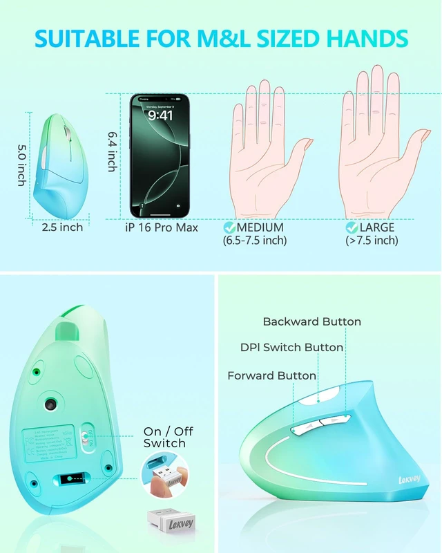 Alt view image 6 of 7 - Ergonomic Mouse, Rechargeable Vertical Wireless Mouse, Blue Green | Long Battery Life, USB-C Charging, 2.4G Wireless, Reduces Wrist Strain, Quiet Click, 3DPI 1000/1200/1600, for Laptop, Mac, PC