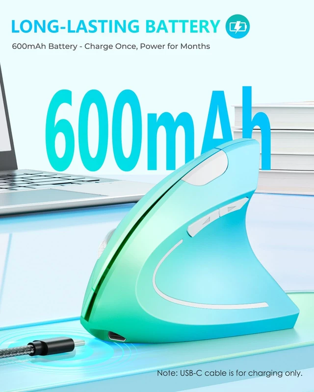 Alt view image 4 of 7 - Ergonomic Mouse, Rechargeable Vertical Wireless Mouse, Blue Green | Long Battery Life, USB-C Charging, 2.4G Wireless, Reduces Wrist Strain, Quiet Click, 3DPI 1000/1200/1600, for Laptop, Mac, PC