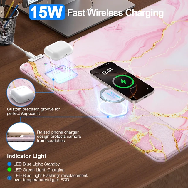 Alt view image 2 of 6 - Pink Marble Mouse Pad with 15W Wireless Charging, with 20W Adapter | Large Gaming Desk Pad/Mat for Women Girls, Waterproof Ultra-Smooth Surface, Non-Slip Base