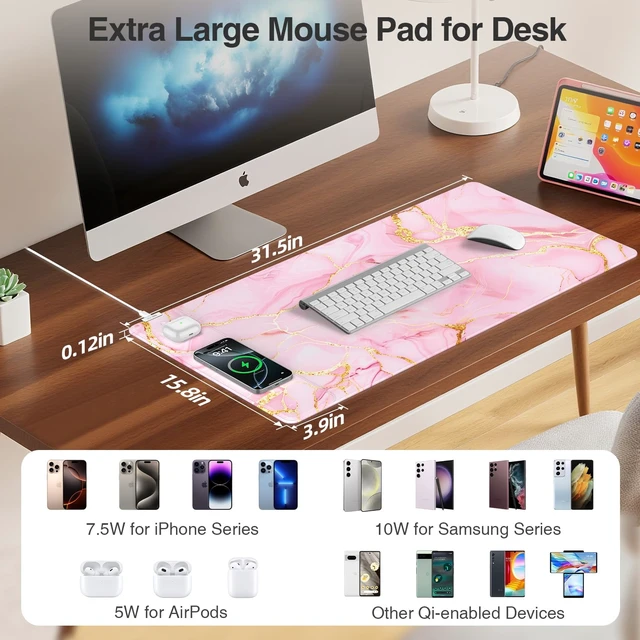 Alt view image 3 of 6 - Pink Marble Mouse Pad with 15W Wireless Charging, with 20W Adapter | Large Gaming Desk Pad/Mat for Women Girls, Waterproof Ultra-Smooth Surface, Non-Slip Base