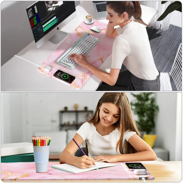 Alt view image 4 of 6 - Pink Marble Mouse Pad with 15W Wireless Charging, with 20W Adapter | Large Gaming Desk Pad/Mat for Women Girls, Waterproof Ultra-Smooth Surface, Non-Slip Base