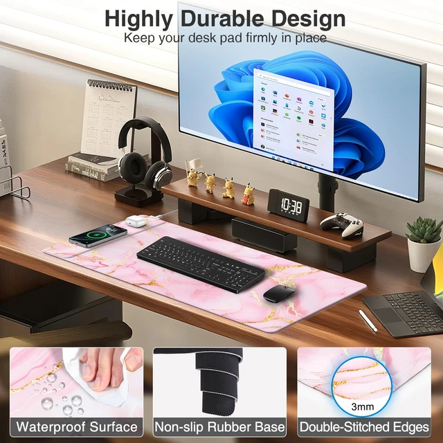 Alt view image 6 of 6 - Pink Marble Mouse Pad with 15W Wireless Charging, with 20W Adapter | Large Gaming Desk Pad/Mat for Women Girls, Waterproof Ultra-Smooth Surface, Non-Slip Base