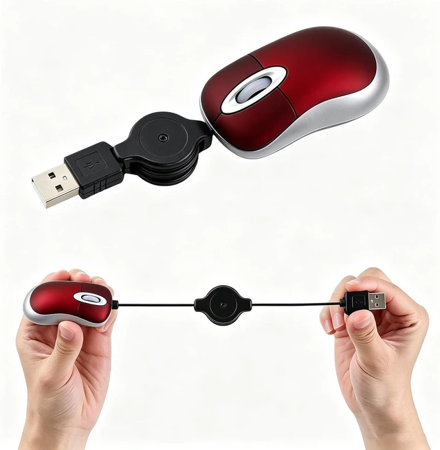 Main image of Mini Small Travel Optical Mouse Portable USB Wired Mouse with Retractable USB Cord for PC Laptop Computer Desktop Office Business Home School Kids Girls Boys Women Men Gift(Red)