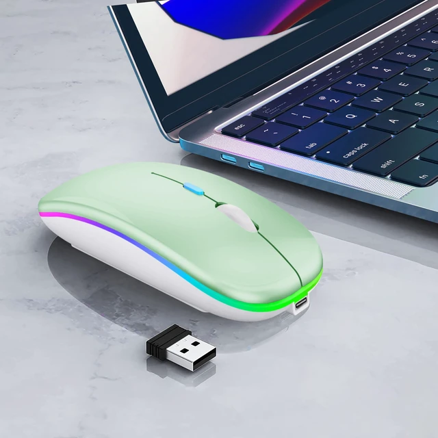 Alt view image 3 of 7 - Wireless Bluetooth Mouse, Rechargeable Laptop Mice, Green | LED Lights, Dual Mode(BT5.2 & 2.4G Portable USB Receiver) Silent Slim Computer Mouse for Laptop/iPad/Tablet/Computer/Mac