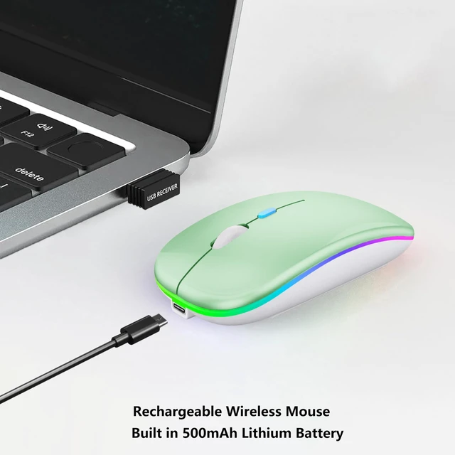 Alt view image 4 of 7 - Wireless Bluetooth Mouse, Rechargeable Laptop Mice, Green | LED Lights, Dual Mode(BT5.2 & 2.4G Portable USB Receiver) Silent Slim Computer Mouse for Laptop/iPad/Tablet/Computer/Mac