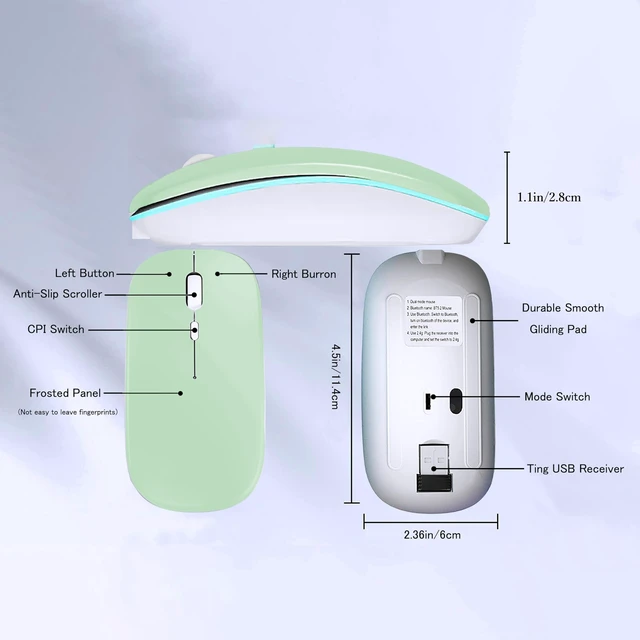 Alt view image 7 of 7 - Wireless Bluetooth Mouse, Rechargeable Laptop Mice, Green | LED Lights, Dual Mode(BT5.2 & 2.4G Portable USB Receiver) Silent Slim Computer Mouse for Laptop/iPad/Tablet/Computer/Mac