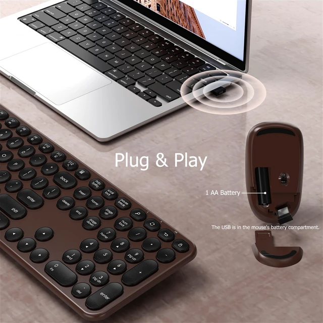 Alt view image 2 of 6 - Wireless Keyboard and Mouse Combo, 2.4GHz Wireless (Coffee Black) | COVEVA Low Profile Quiet Typing Design, Plug and Play, 110 Round Keys Full-Size Silent Keyboard Set for PC, Tablet, Laptop