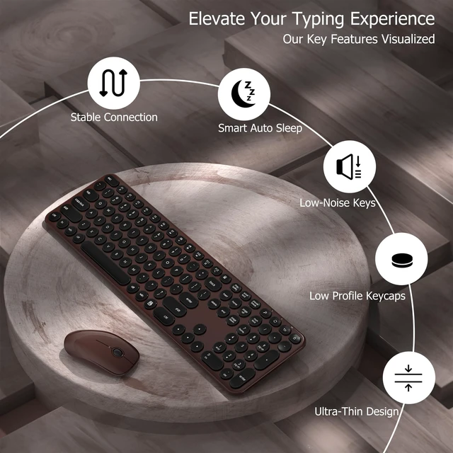 Alt view image 3 of 6 - Wireless Keyboard and Mouse Combo, 2.4GHz Wireless (Coffee Black) | COVEVA Low Profile Quiet Typing Design, Plug and Play, 110 Round Keys Full-Size Silent Keyboard Set for PC, Tablet, Laptop
